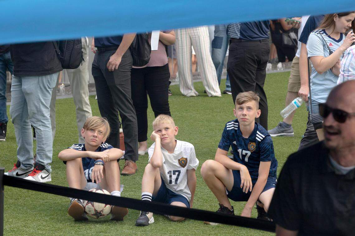 Soccer fans from across North Texas wait for the announcement of host cities in the 2026 FIFA World Cup on Thursday, June 16, 2022, at the AT&T Discovery Center in Dallas, Texas.