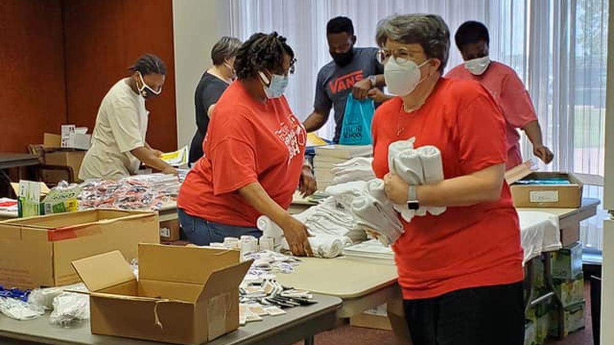 Volunteers sorted school supplies for this year’s Tarrant County Back to School Roundup event at the Tarrant County College South Campus.