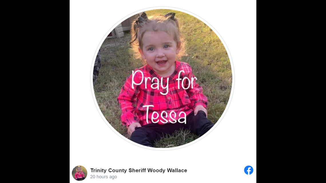 This 2-year-old girl named Tessa was found in a stock pond minutes after disappearing, officials say. A Texas county sheriff says she is hospitalized and needs prayer.
