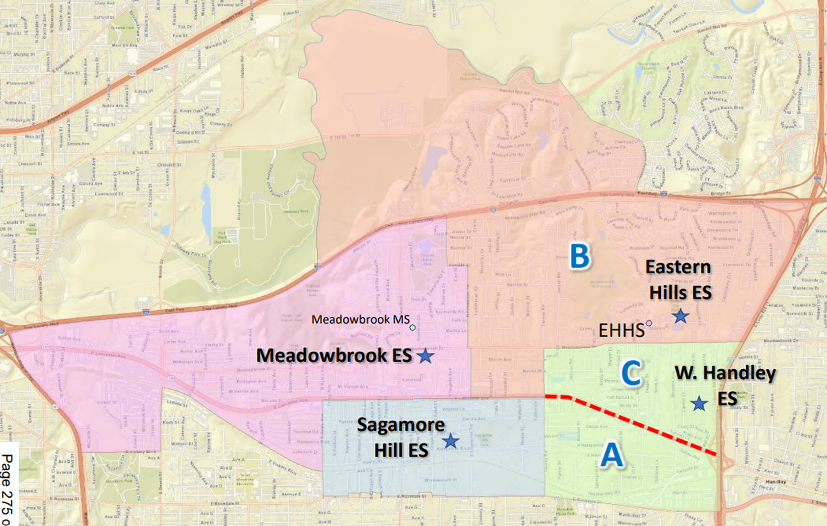 A map screenshot shows the new attendance boundaries for Eastern Hills, West Handley and Sagamore Hill elementary schools in Fort Worth ISD starting in the 2025-26 school year.