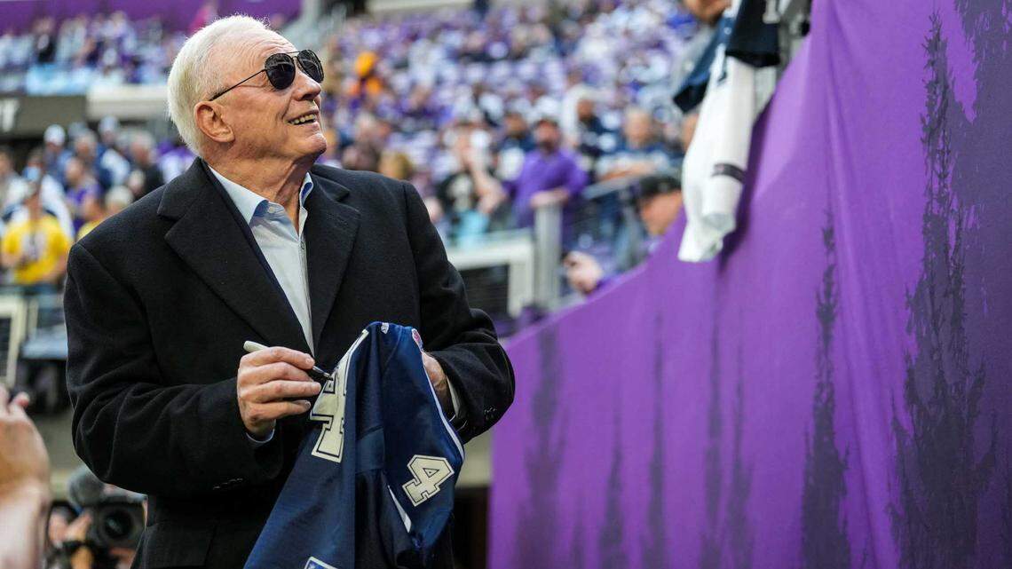 Dallas Cowboys owner Jerry Jones looks on prior to the game against the Minnesota Vikings at U.S. Bank Stadium in 2022.