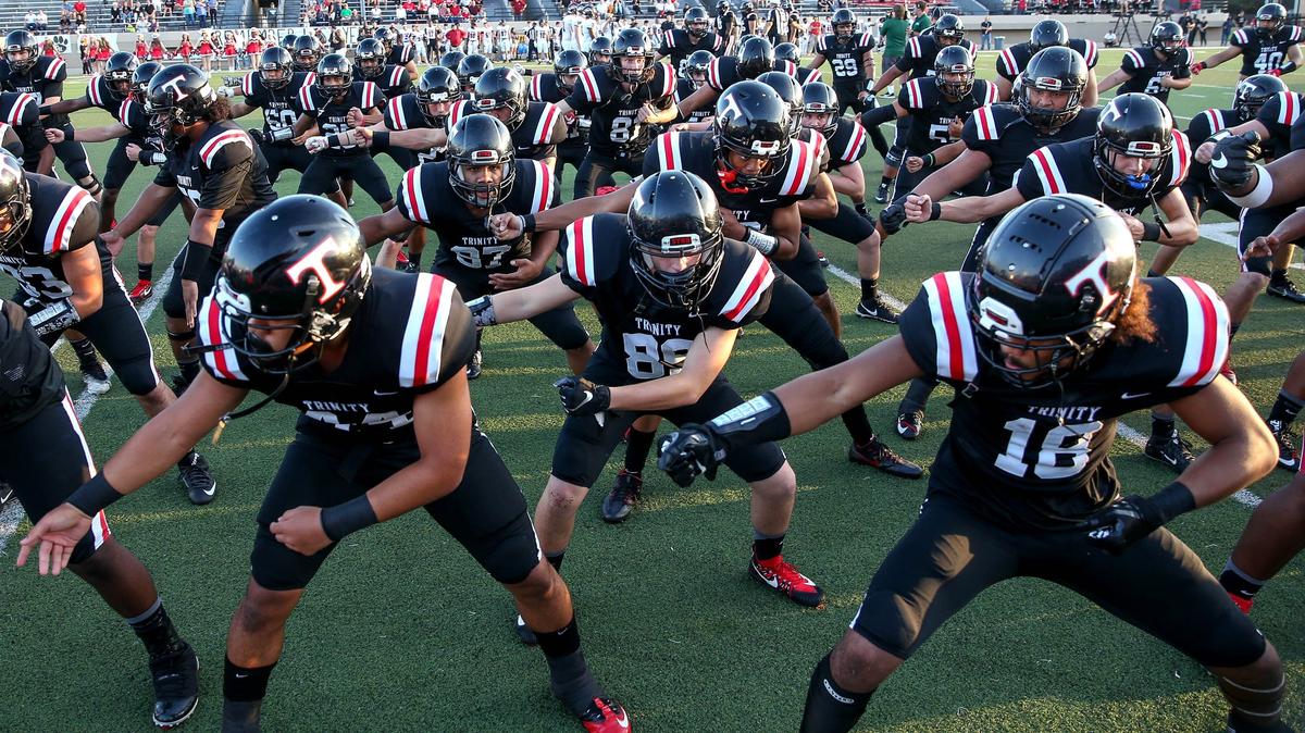 The Trinity Trojans do the “Haka” before their game against the Colleyville Heritage Panthers,played at Pennington Field, September 13, 2018 in Bedford, TX.