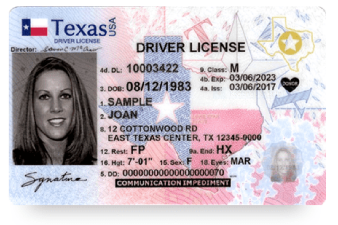 A sample Real ID-compliant Texas driver’s license.
