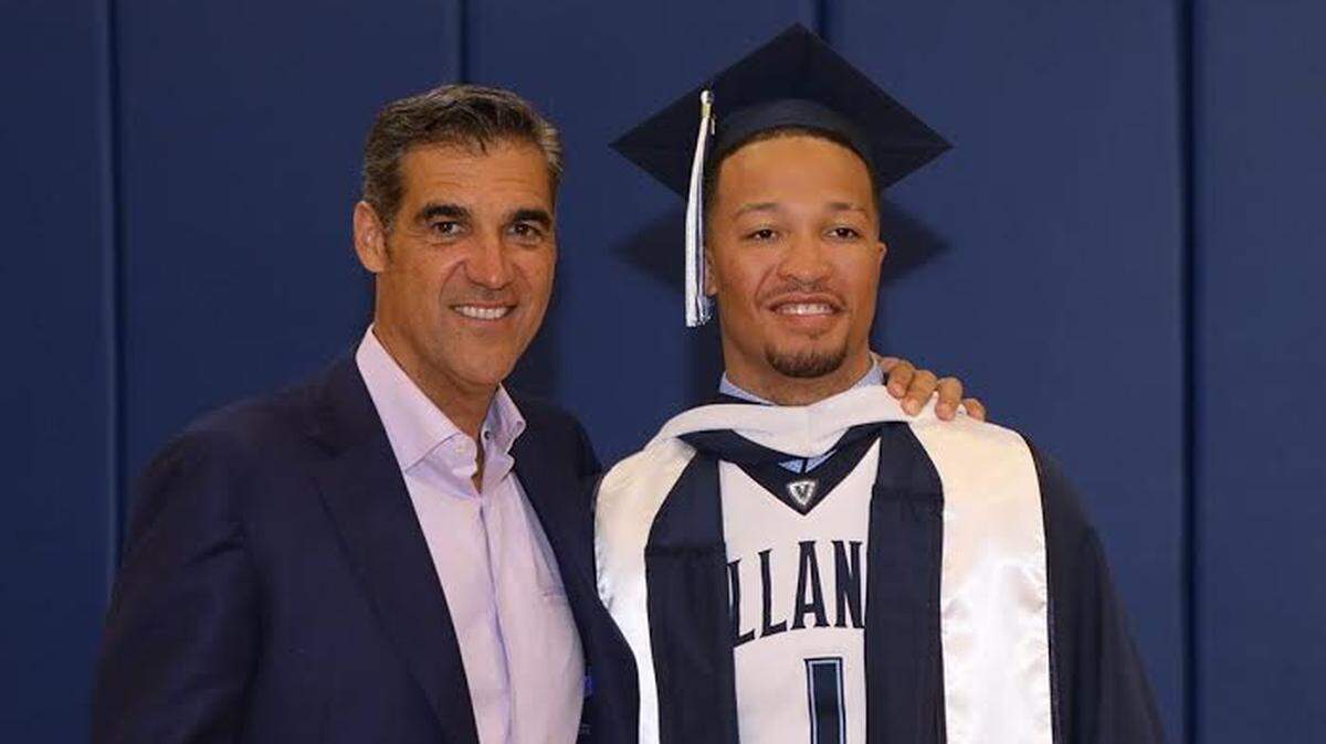 Villanova men’s basketball coach Jay Wright (L) with Dallas Mavericks guard Jalen Brunson. Brunson was awarded his degree in communications during commencement last week at Villanova. He completed the course work last year.