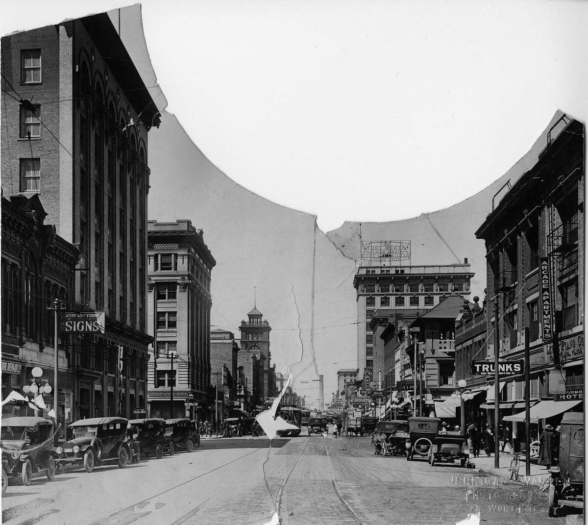 Downtown Fort Worth, looking north on Houston Street near 10th Street, around 1914.