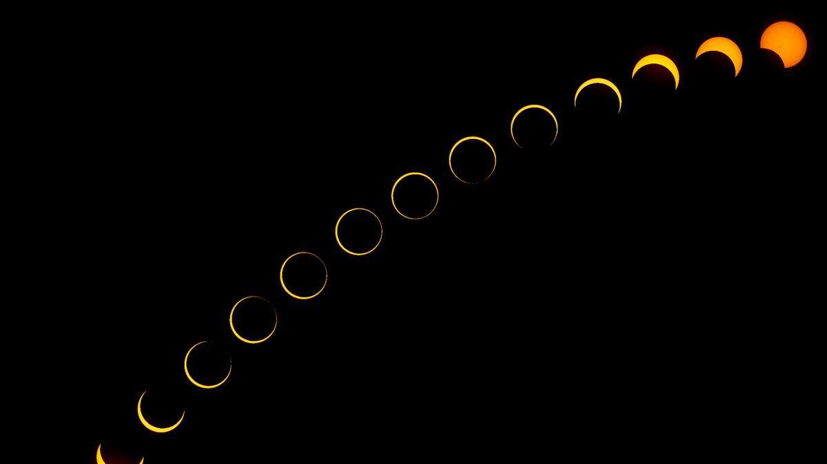 A composite of an annular solar eclipse on Oct. 14, 2023, photographed in Kerville, Texas.