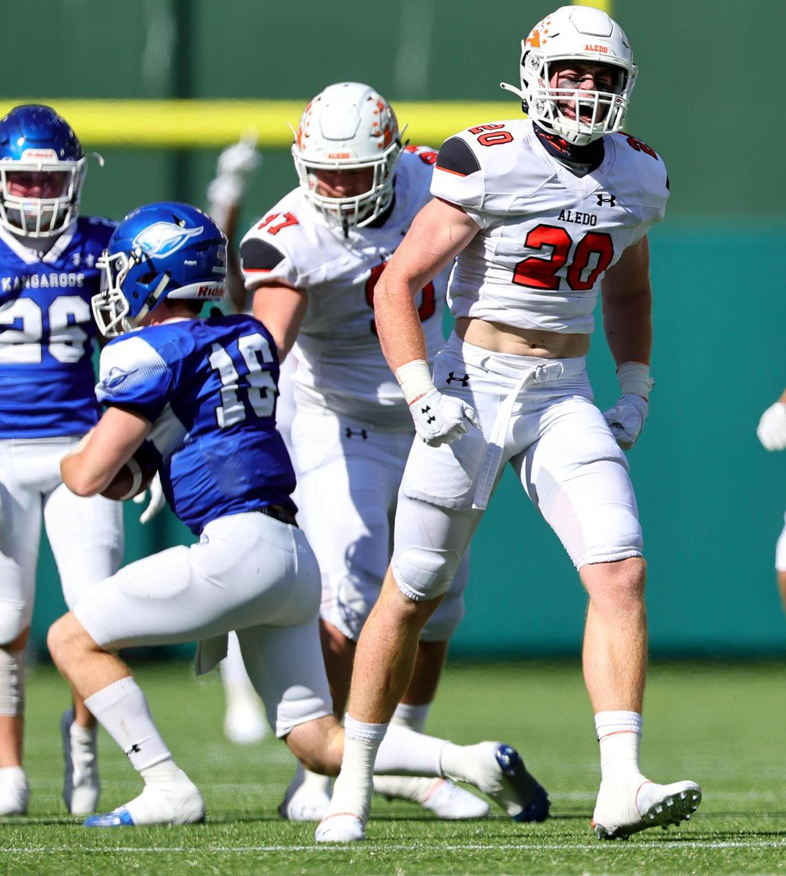 Aledo linebacker Sam Forman gets pumped up after a sack on Weatherford quarterback Major Youngblood (16) during the first half, Saturday afternoon, Sepember 26, 2020 played at Globe Life Park in Arlington, TX (Steve Nurenberg Special to the Star-Telegram)