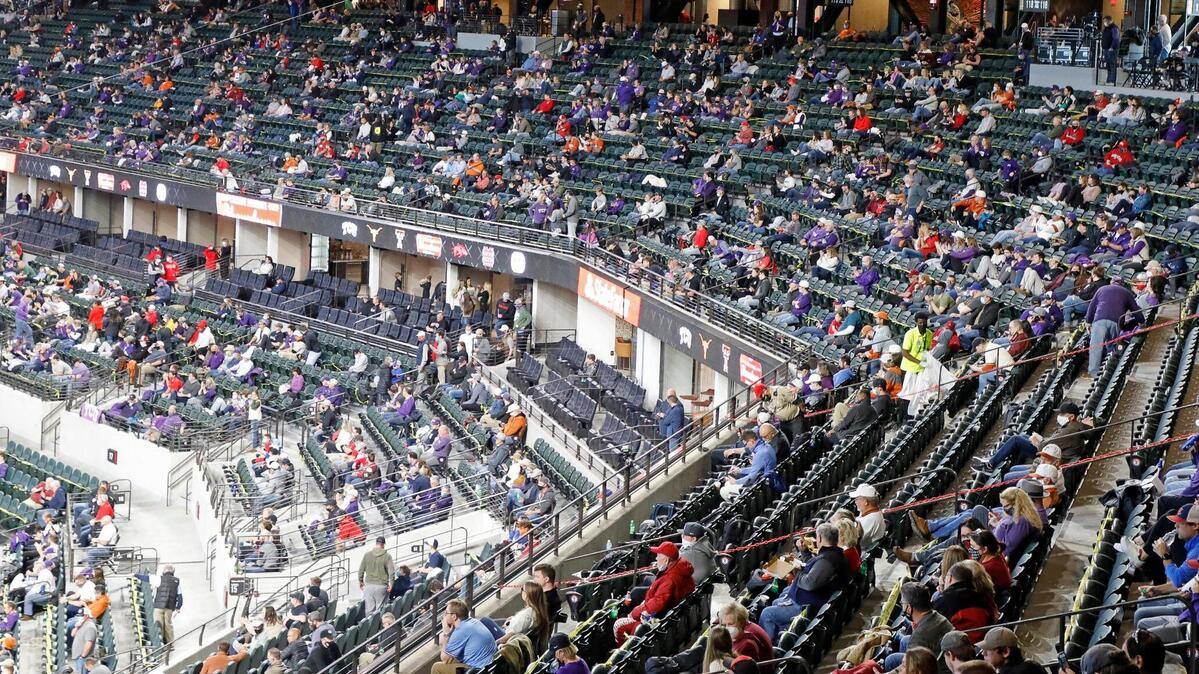 College baseball fans fill the stadium behind home plate during the 2021 College Baseball Showdown at Globe Life Field in Arlington, Texas, Saturday, Feb. 20, 2021. TCU went 1-2 during the three-day tournament, including Monday night’s 4-1 loss to Arkansas.
