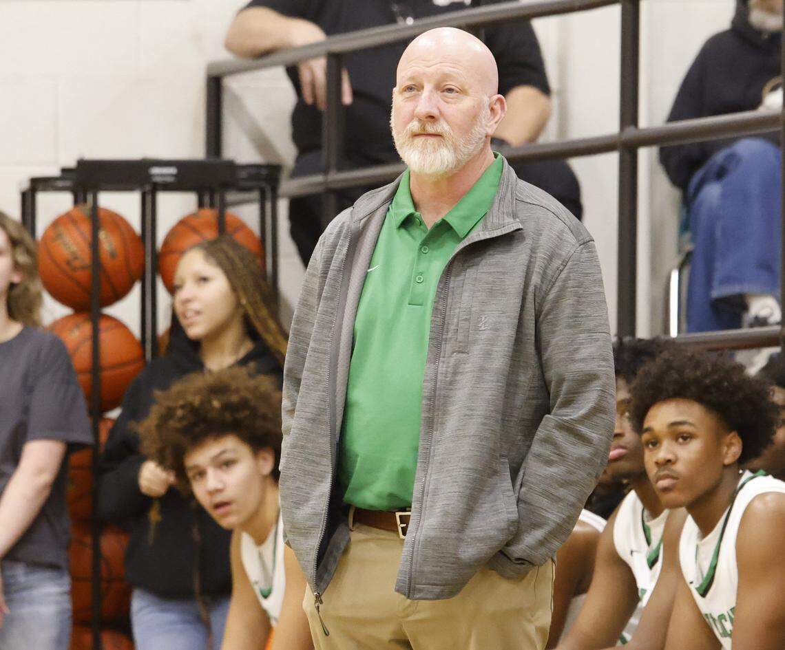 Kennedale head coach Doug Groff watches offensive action during the first half of a UIL boys basketball game between Alvarado and Kennedale at Kennedale High School in Kennedale, Texas, Tuesday Jan. 13, 2026