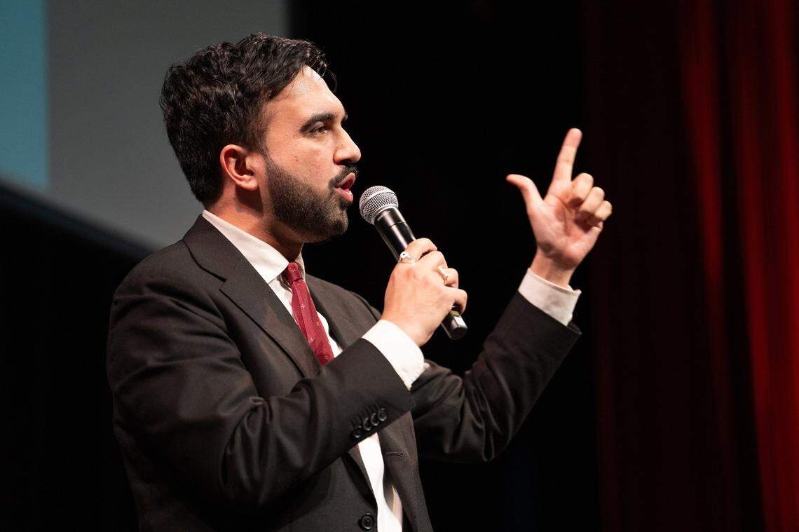 State Assemblyman and New York City mayoral candidate Zohran Mamdani speaks at a forum hosted by DC 37 at BMCC Tribeca Performing Arts Center in Manhattan on Feb. 26, 2025, in New York. (Barry Williams/New York Daily News/TNS)