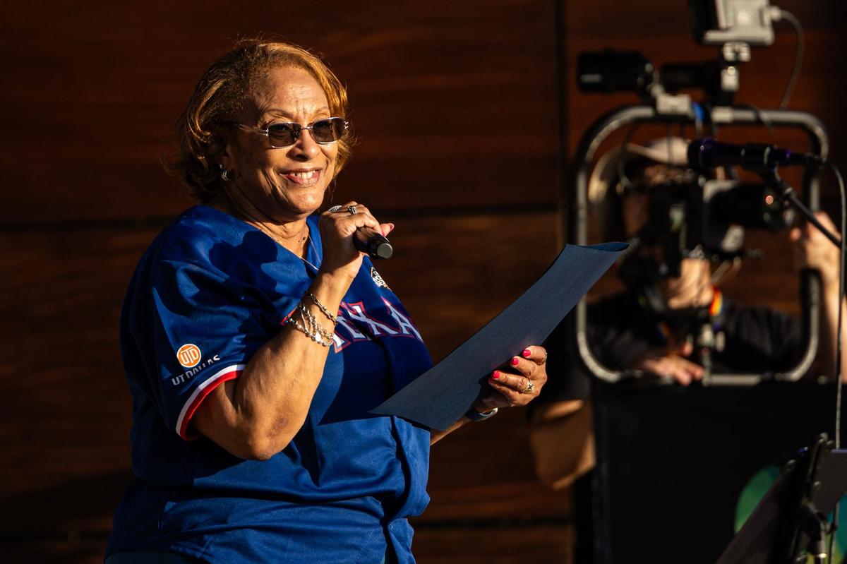 Arlington Councilmember Barbara Odom-Wesley of District 8 presents a Certificate of Recognition for Arlington Pride on stage at Levitt Pavilion in Arlington on Saturday, June 8, 2024.
