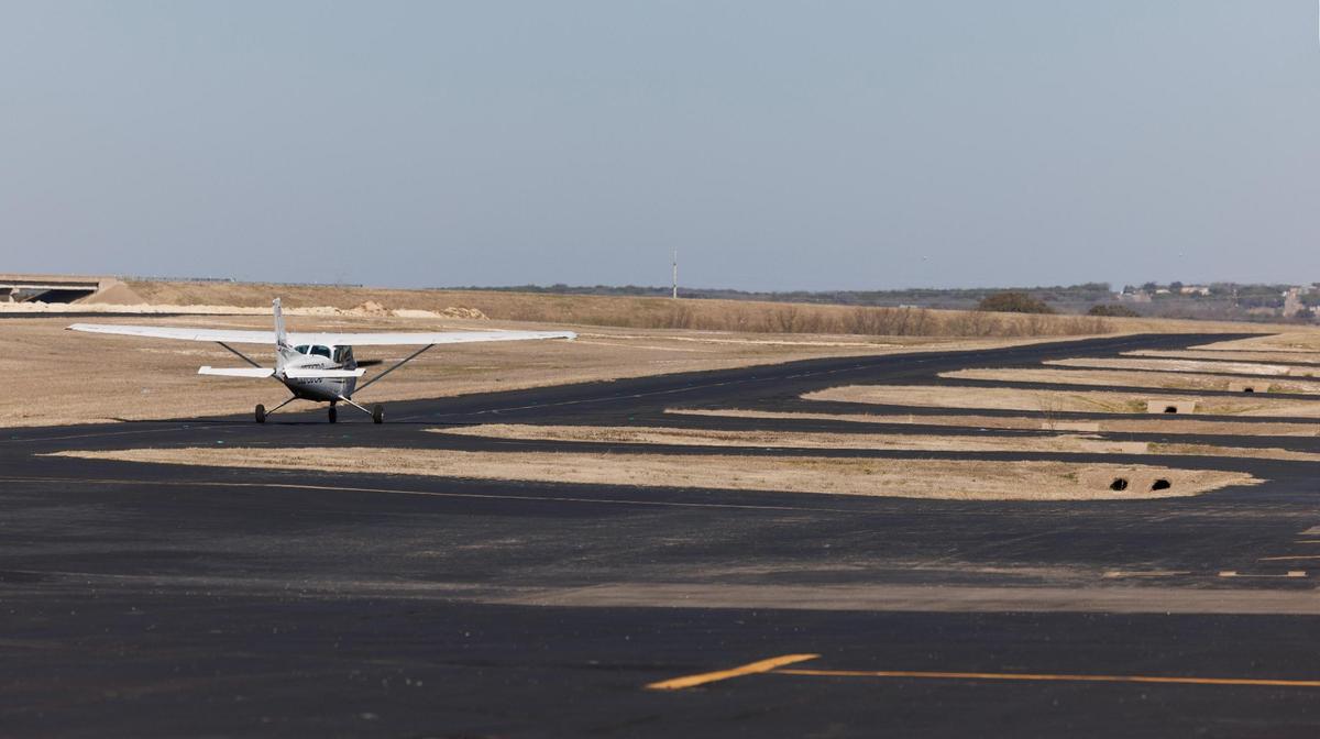 A private plane taxis along the old runway at Granbury Regional Airport in February.