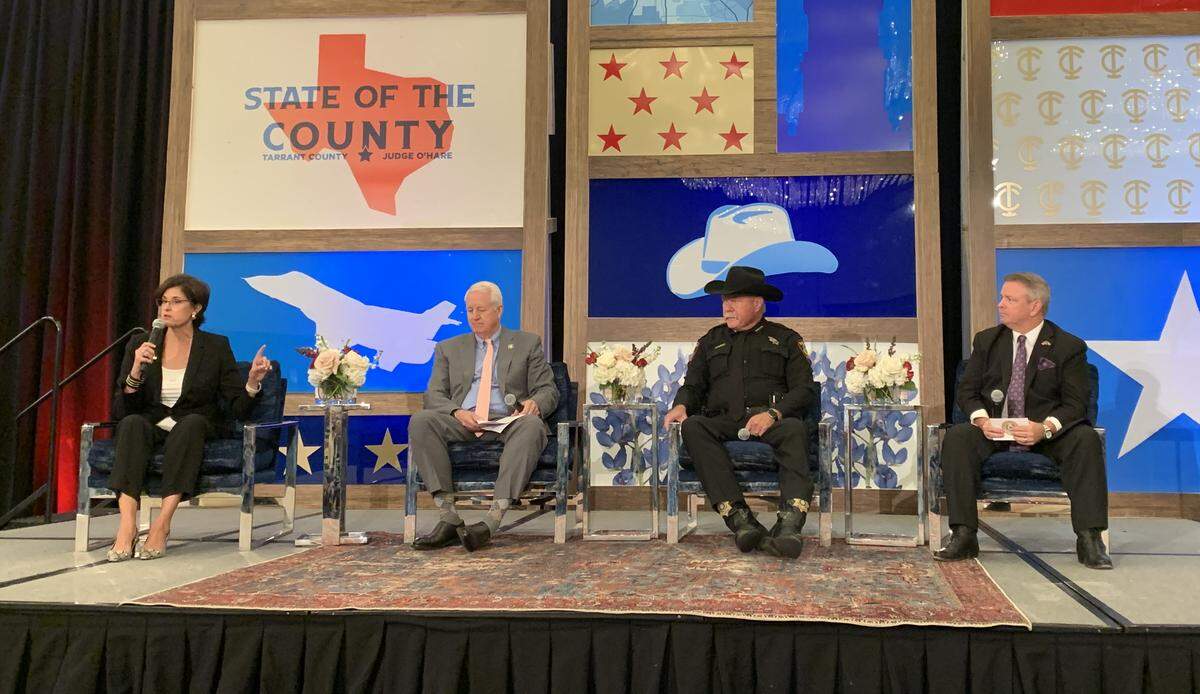 The main event of the Aug. 21, 2025 State of the County luncheon was the panel of county leaders including County Clerk Mary Louise Nicholson, District Attorney Phil Sorrells, Sheriff Bill Waybourn and County Judge Tim O’Hare.