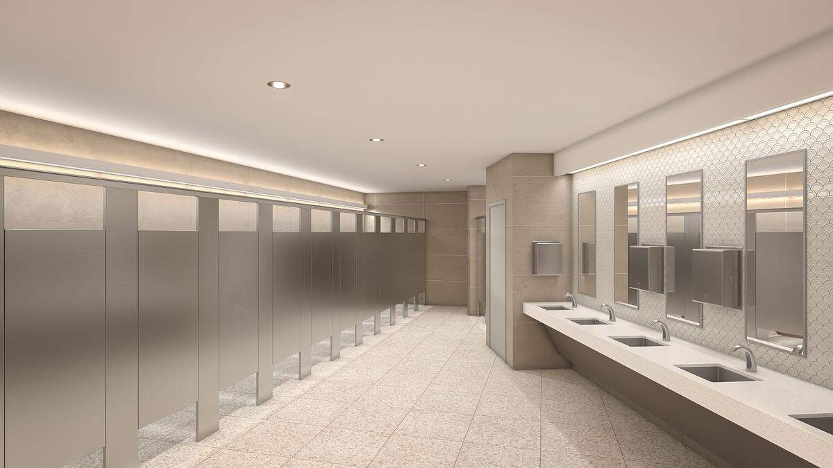 A rendering showing what a restroom will look like at Fort Worth’s Will Rogers Coliseum once renovation work is completed in the fourth quarter of 2025. Renovation of the entire Will Rogers Memorial Center complex is expected to conclude in time for the venue’s 100th birthday in 2036.