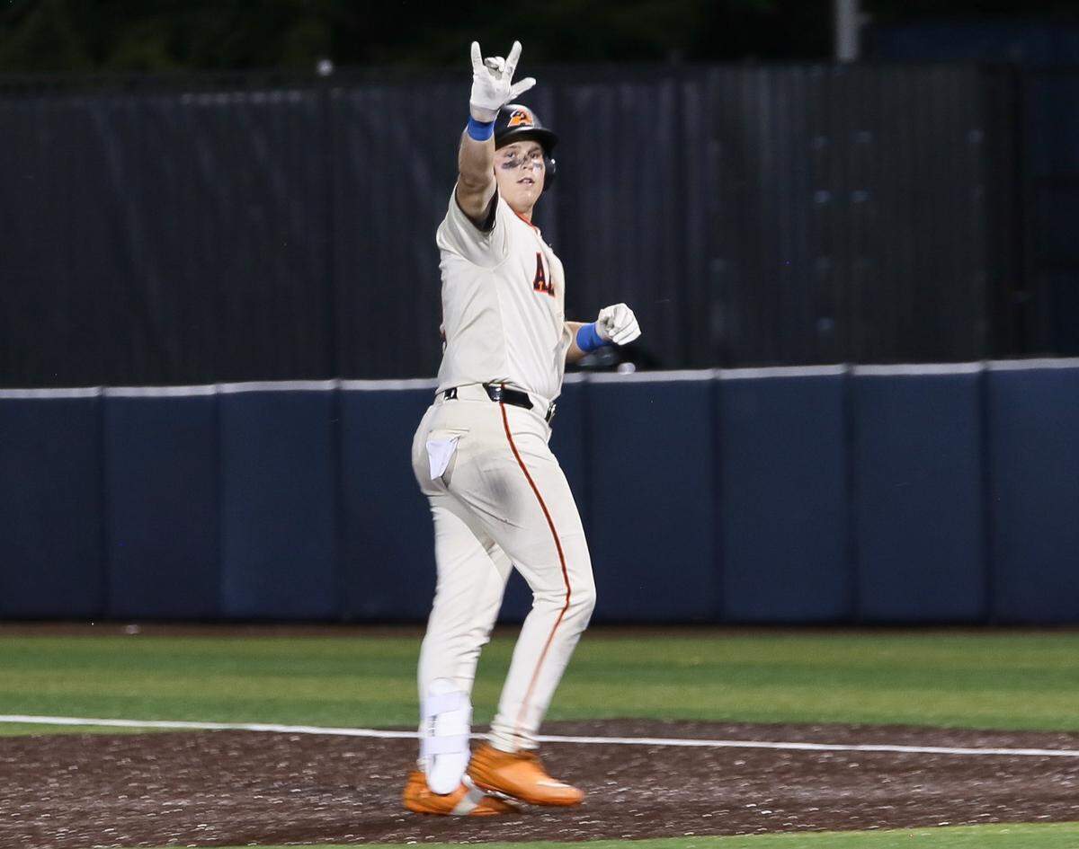 Aledo first baseman Jackson Loos reacts after rounding first, one of the three times he was on during the game, against McKinney North in Game 1 of their UIL Class 5A Division I state semifinal baseball game on Thursday, May 28, 2026, at Horner Ballpark on the Campus of Dallas Baptist University in Dallas, Texas.