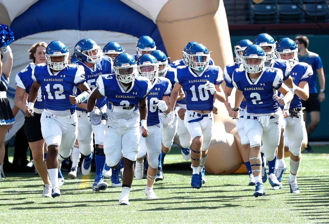 The Weatherford Kangaroos enter the field to face the Aledo Bearcats, Saturday afternoon, Sepember 26, 2020 played at Globe Life Park in Arlington, TX (Steve Nurenberg Special to the Star-Telegram)