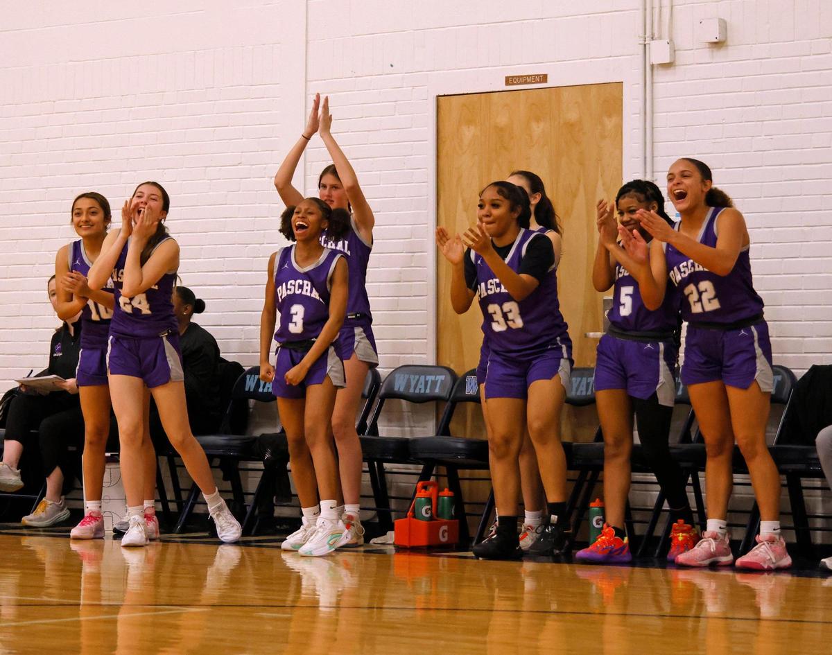 Paschal’s bench celebrates a call during a UIL girls basketball game at O.D. Wyatt High School in Fort Worth, Texas, Friday, Jan. 24, 2025.