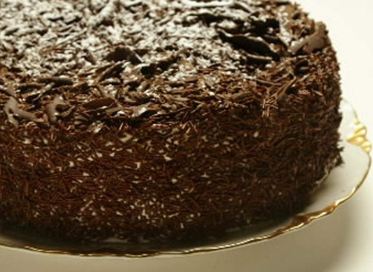 Swiss Pastry Shop’s Black Forest cake is covered with shaved Callebaut chocolate.