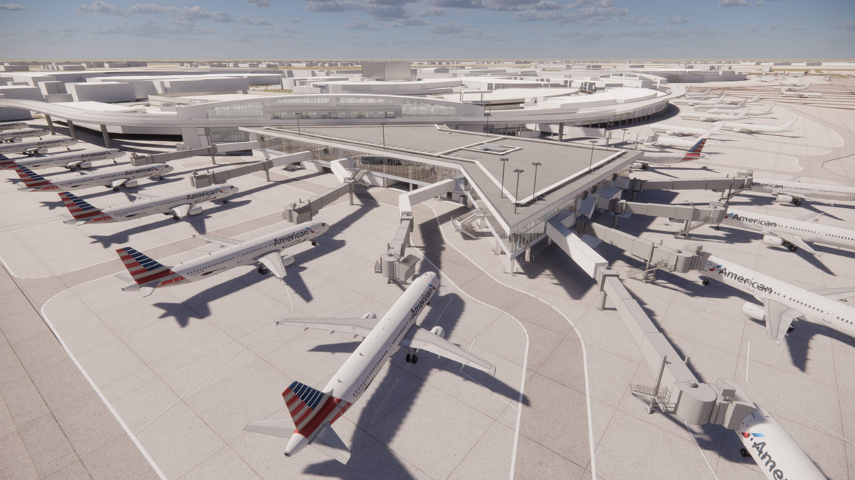 A rendering of Dallas-Fort Worth International Airport’s Terminal C, which will be overhauled and expanded as part of $4.8 billion in construction.