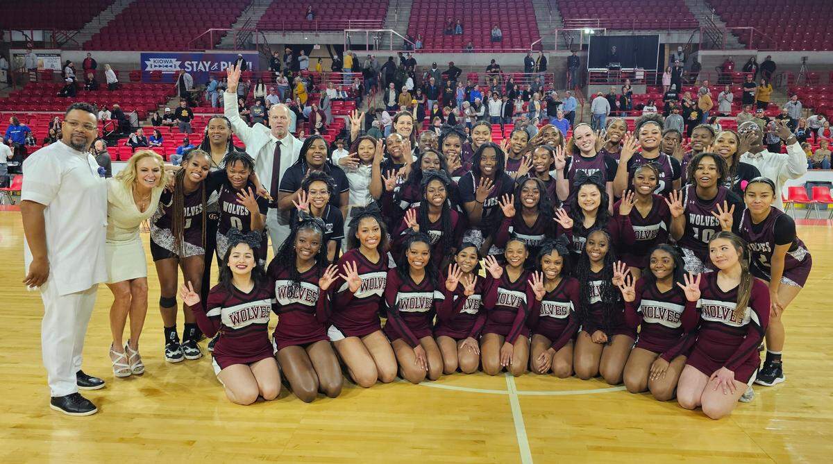 The Mansfield Timberview girls basketball team poses after defeating Amarillo 55-52 in overtime in a Class 5A Region I semifinal on Friday, February 23, 2024 at the Yeager Coliseum in Wichita Falls, Texas.