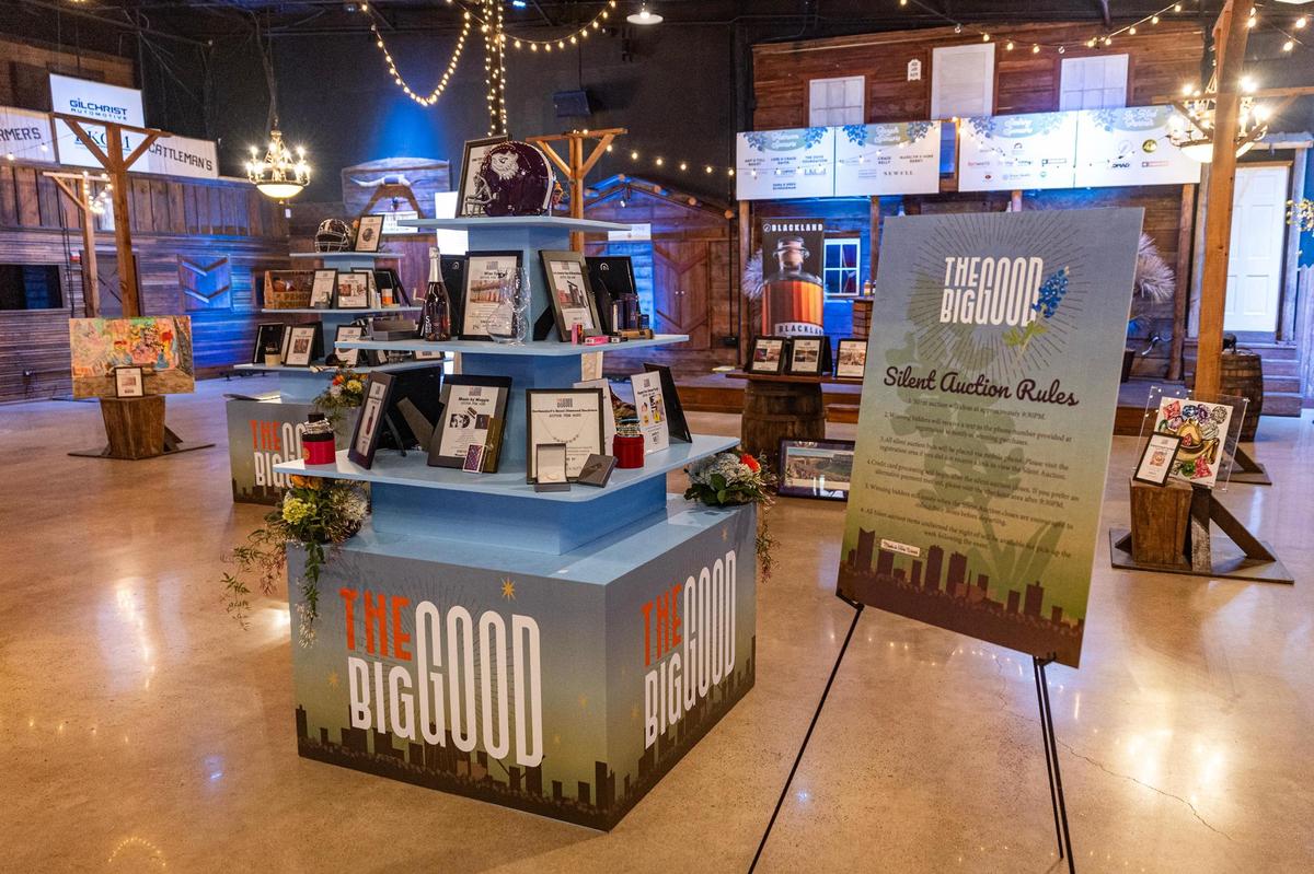 The silent auction area with multiple different prizes up for grabs at the Big Good’s annual fundraiser ‘The Big Night’ at the River Ranch Stockyards in Fort Worth on Thursday, April 3, 2025.