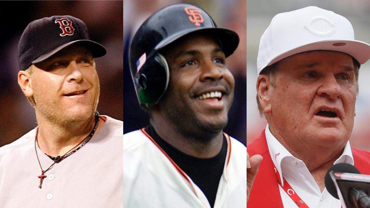 Damaged goods: From left, pitcher Curt Schilling, MLB’s home run king Barry Bonds and Pete Rose, baseball’s all-time leader in hits, all have Hall of Fame credentials, yet none of them are in due to off-the-field actions.