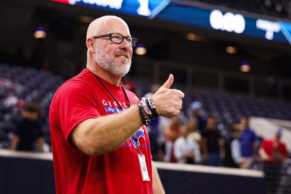 Grapevine head coach Steve McBride gives a thumbs up after defeating Frisco Wakeland in a Class 5A Division II UIL girls soccer state semifinal at the Ford Center on April 3, 2026 in Frisco, Texas.