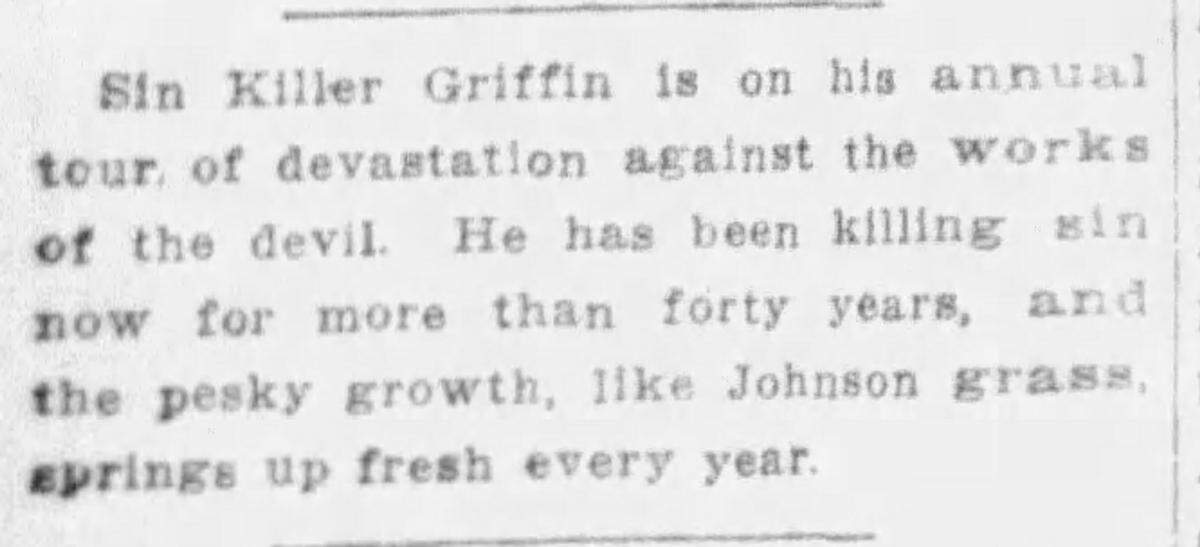 A short item in the Fort Worth Record-Telegram on July 14, 1915, about Sin Killer Griffin.