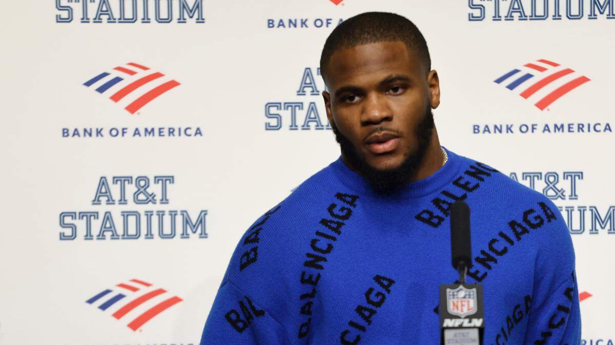 Dallas Cowboys outside linebacker Micah Parsons speaks during a press conference following an NFL football game against the Arizona Cardinals in Arlington, Texas, Sunday, Jan. 2, 2022. Parsons, the former Penn State linebacker, was unanimously chosen Thursday as the NFL Defensive Rookie of the Year.