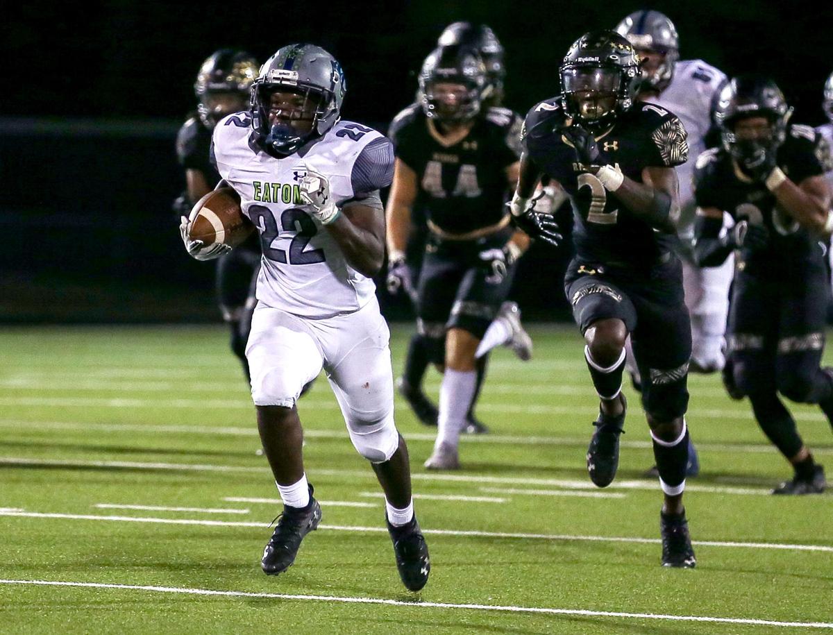 Eaton running back Jahbez Hawkins (22) goes 73 yards for a touchdown against Keller Fossil Ridge during the second half, Thursday night, October 3 2019 played at the Keller ISD Sports Complex in Keller, TX.