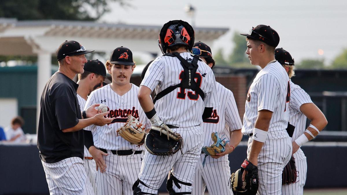 Aledo head coach Chad Barry turns the duties over to pitcher Ethan Hodo (2) during a UIL 5A D1 semifinal baseball game at Dallas Baptist University’s Horner Ballpark in Dallas, Texas, Thursday, May 29, 2025.