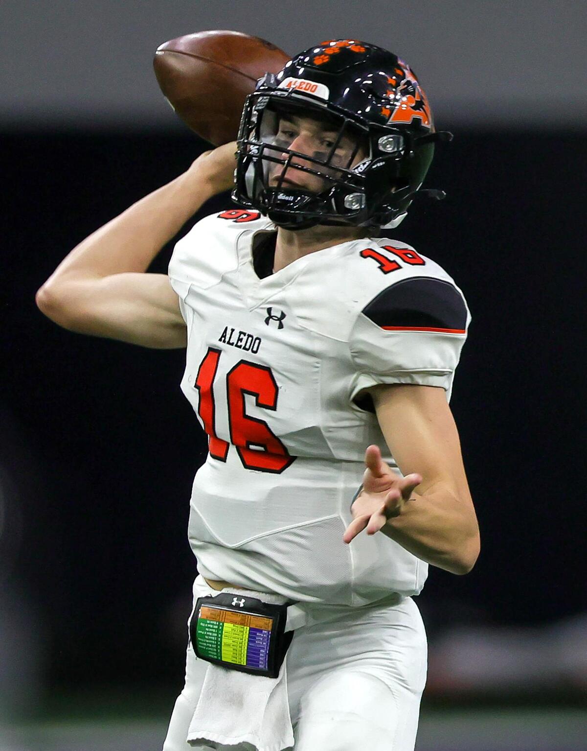 Aledo quarterback Brayden Fowler-Nicolosi (16) attempts a pass against Frisco during the first half of the 5A Division II Regional round high school football playoffs, December 24, 2020, played at The Ford Center at the Star in Frisco, Tx. (Steve Nurenberg Special to the Star-Telegram)