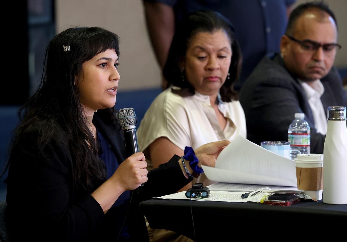 Anya Kushwaha, a former Carroll student and member of Southlake Anti-Racism Coalition, speaks during a press conference on Tuesday in Southlake. The groups urged Carroll school district to negotiate in good faith after being invited by the U.S. Department of Education’s Office of Civil Rights to negotiate a resolution of four civil rights complaints filed by the groups in 2021.