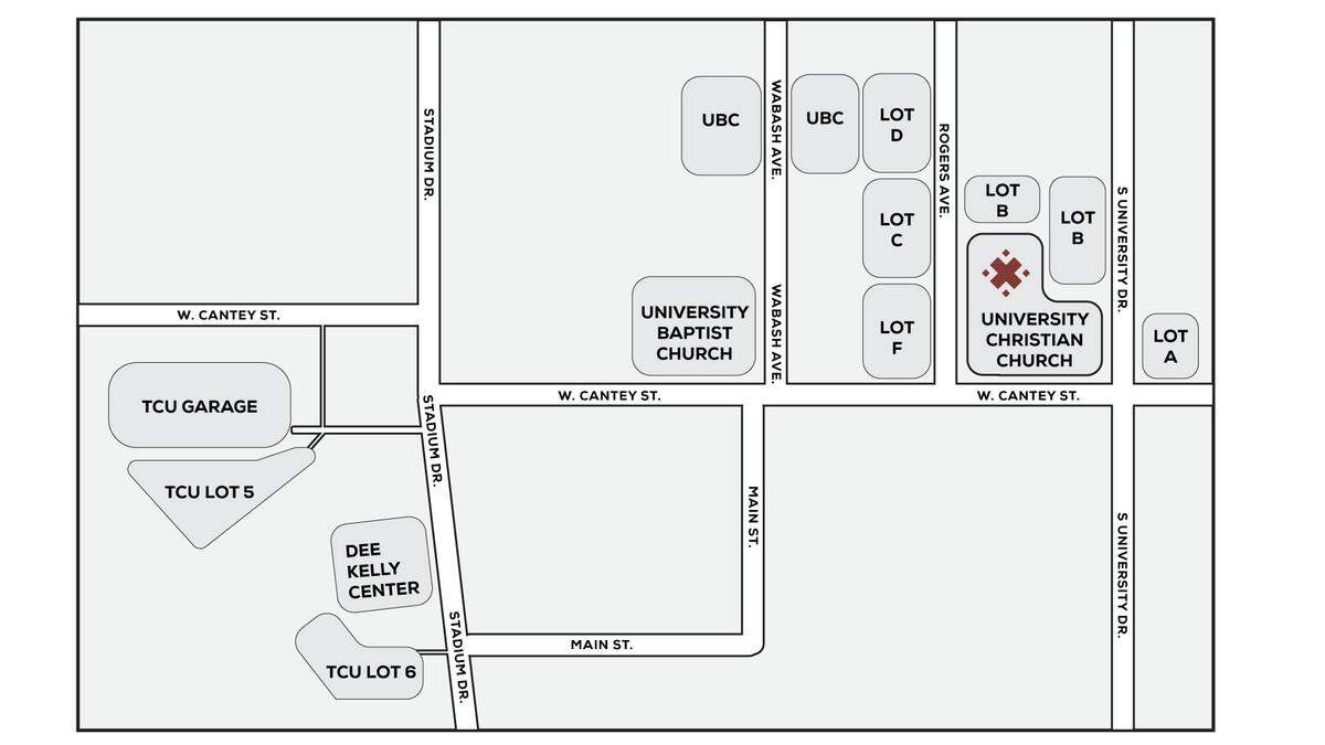 University Christian Church provided this map of parking for the locations where mourners can watch the funeral service for Zach Muckleroy and his children, Judson, 12, and Lindsay, 9.