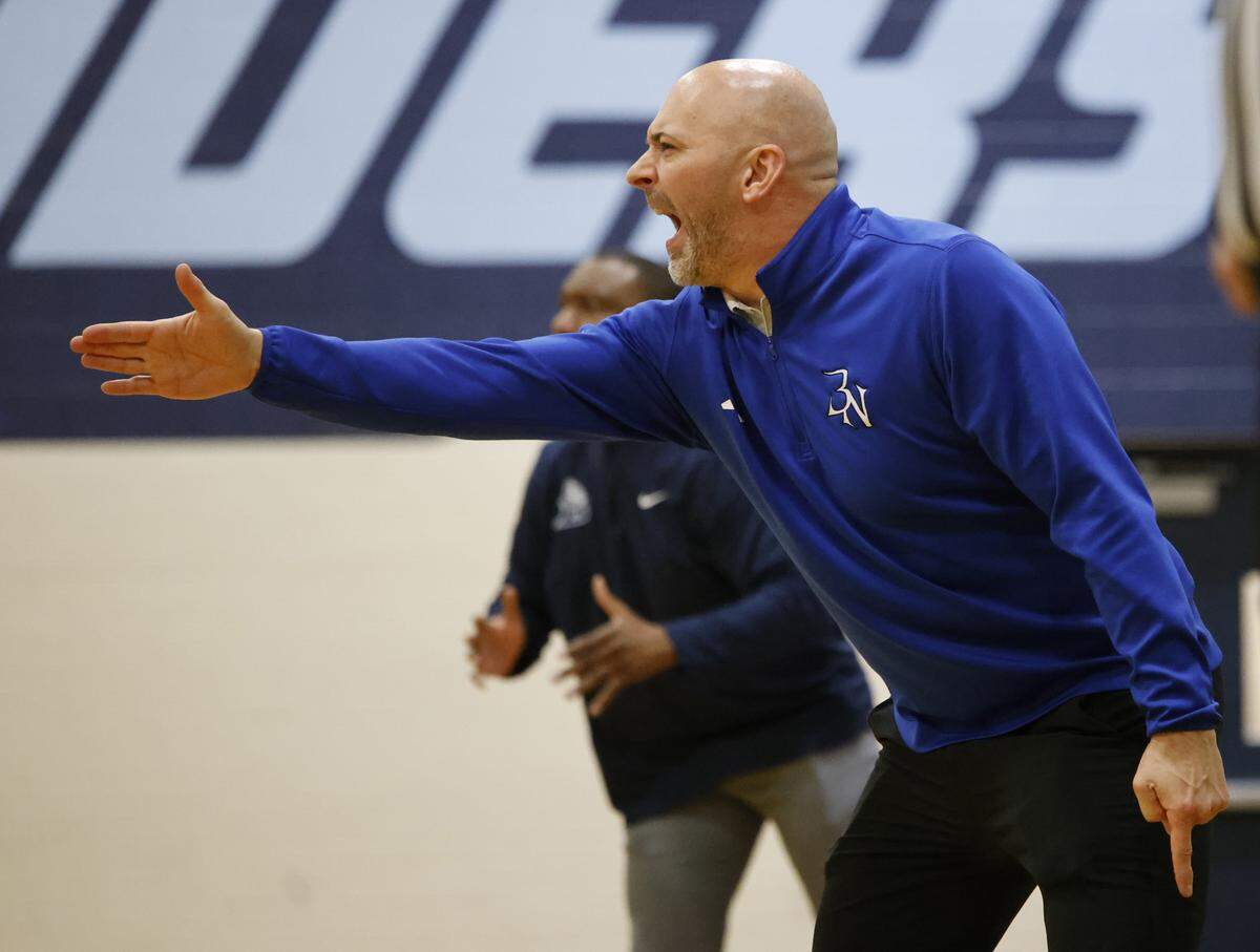 Byron Nelson head coach Brad Montgomery reacts to a play against L.D. Bell during the first half of a boys UIL basketball game between Byron Nelson and L.D. Bell at L.D. Bell High School in Hurst, Texas, Friday Feb. 06, 2026