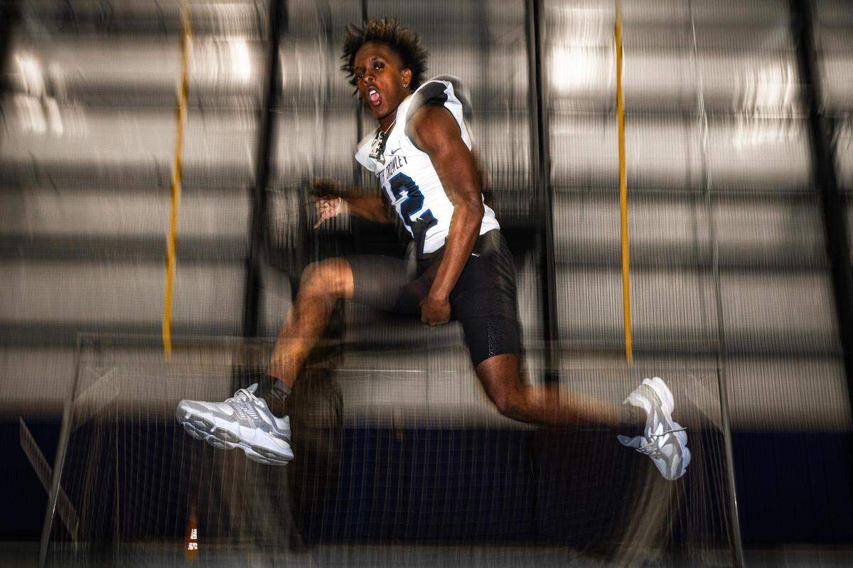 Chris Jimerson Jr., the junior quarterback at North Crowley High School, is photographed at the indoor football facility at North Crowley on Wednesday, Jan. 11, 2023. Jimserson has verbally committed to play at TCU once he finished with high school.