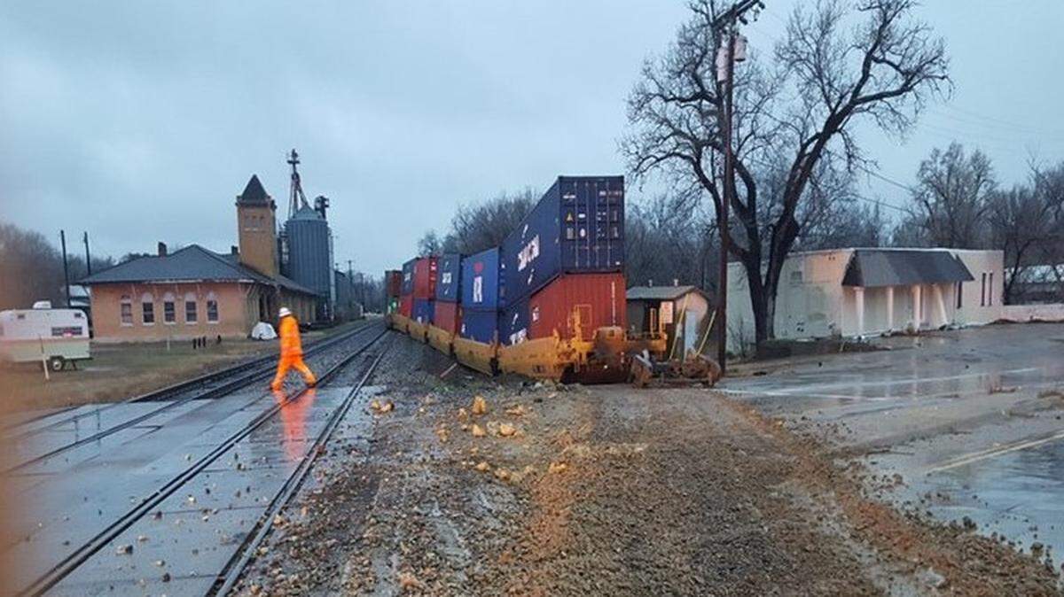 A partial view of the train derailment at North Main Street in Weatherford.
