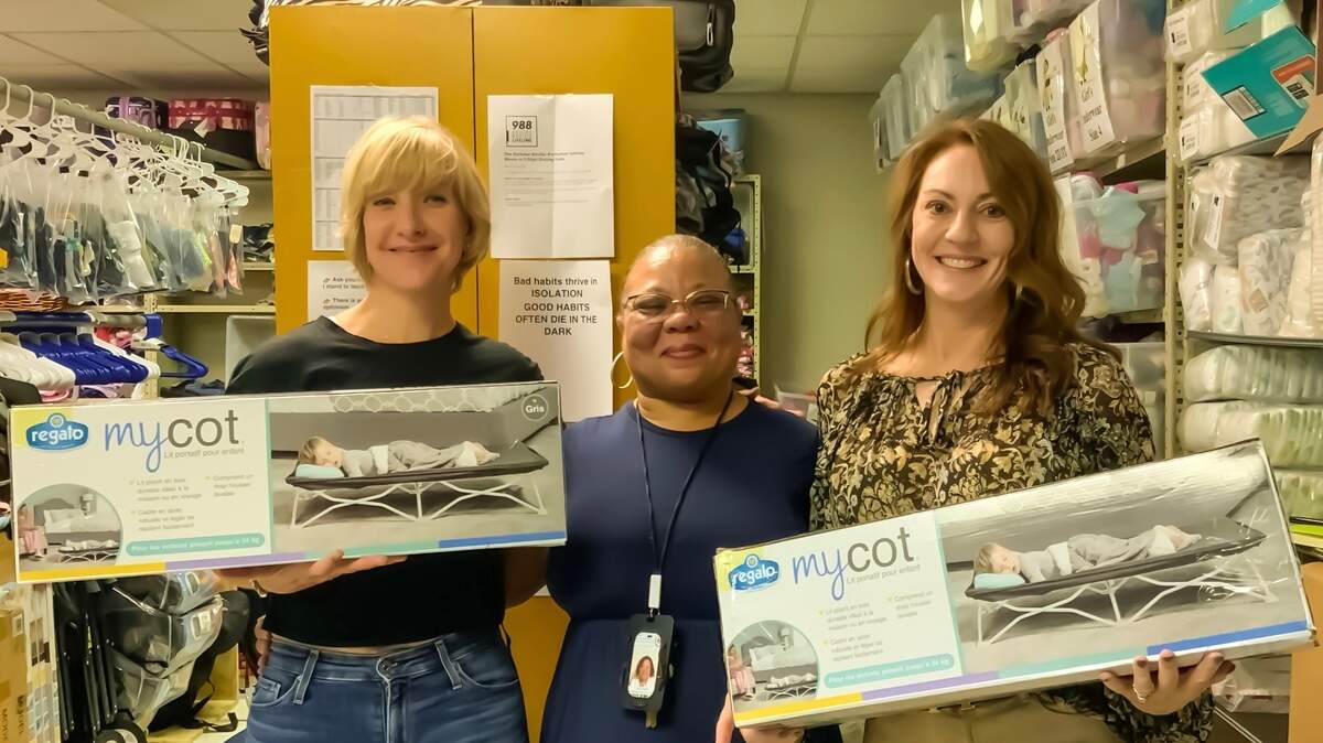 Cots4Tots works with the Rainbow Room of Tarrant County to help young children and infants have warm, comfortable beds in which to sleep. Pictured are Kristia Benthien (social media and marketing), Rainbown Room Manager Elna Chester and Cots4Tots director/founder Amy West.