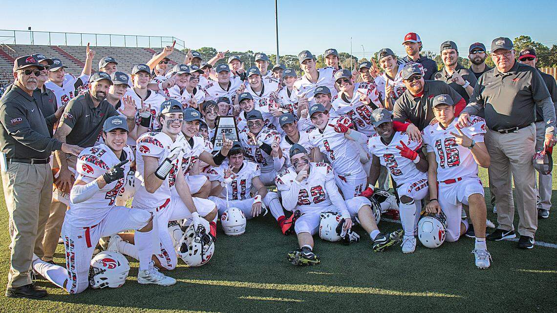 The Fort Worth Country Day football team celebrates after winning a second consecutive Class 3A state championship in the Southwest Preparatory Conference. It was the Falcons’ third title in four years and fourth since 2010.