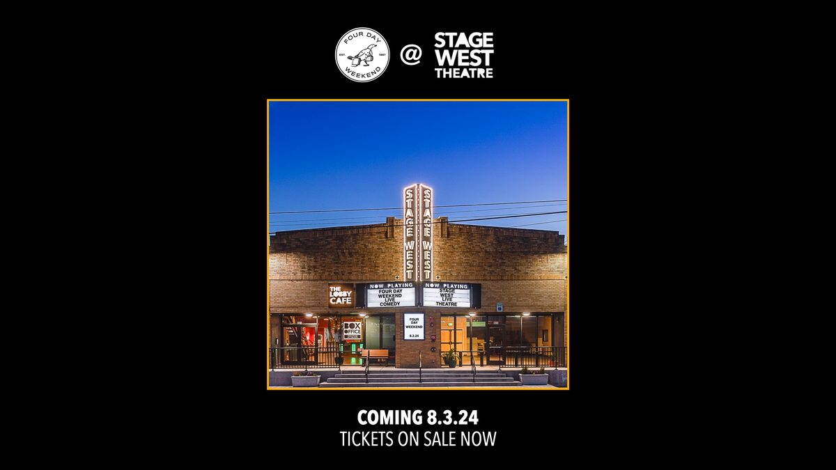A theater marquee announcing the arrival of Four Day Weekend at the Stage West Theatre on Aug. 3, 2024