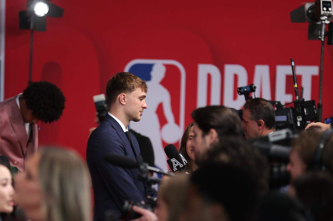 Cooper Flagg arrives before the first round of the 2025 NBA Draft at Barclays Center.