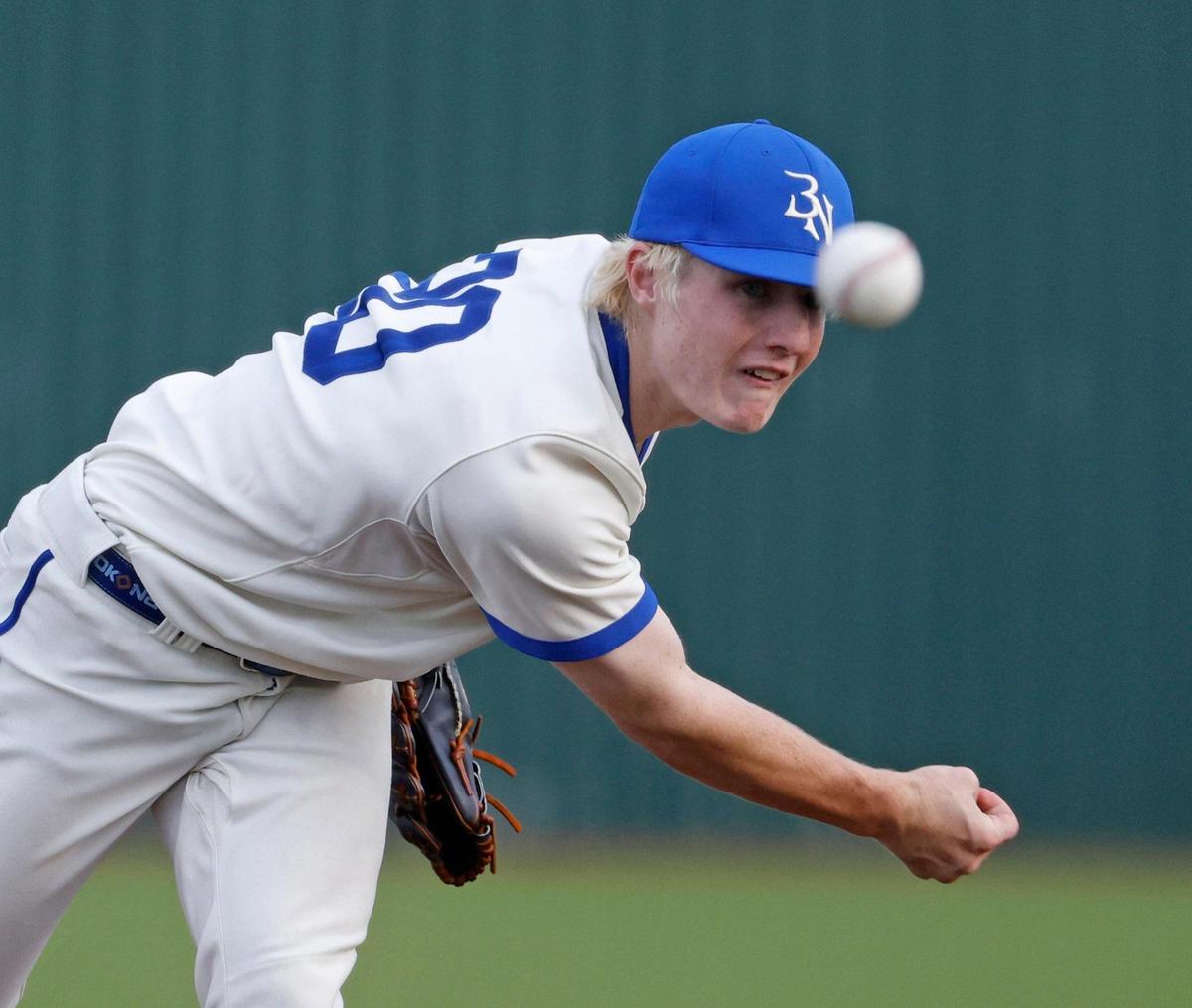Byron Nelson pitcher Kenson Buth works the first inning during a UIL Regional Seminal 6A D2 baseball playoff game at Bobcat Field in Trophy Club, Texas, Thursday, May 15, 2025.