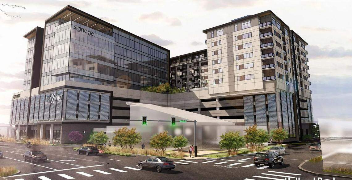 An artist rendering of the future Van Zandt mixed-use development on West Seventh Street at Foch Street in Fort Worth.