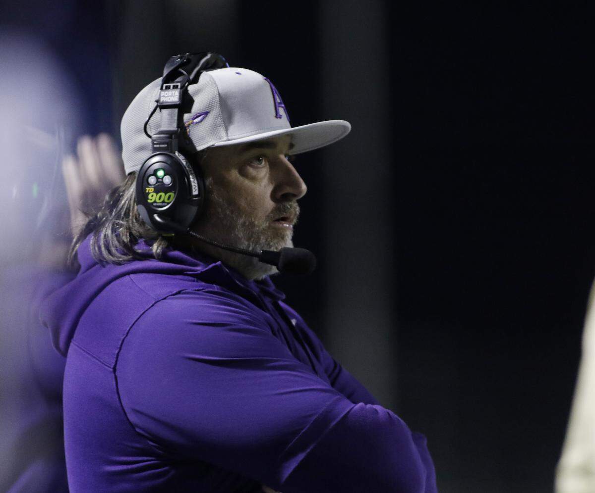 Alvarado’s Head Coach Casey Walraven watches him and the team during their Class 4A Division I quarter-final game against Celina at Newsom Stadium on Friday, December 5, 2025, in Mansfield, Texas.