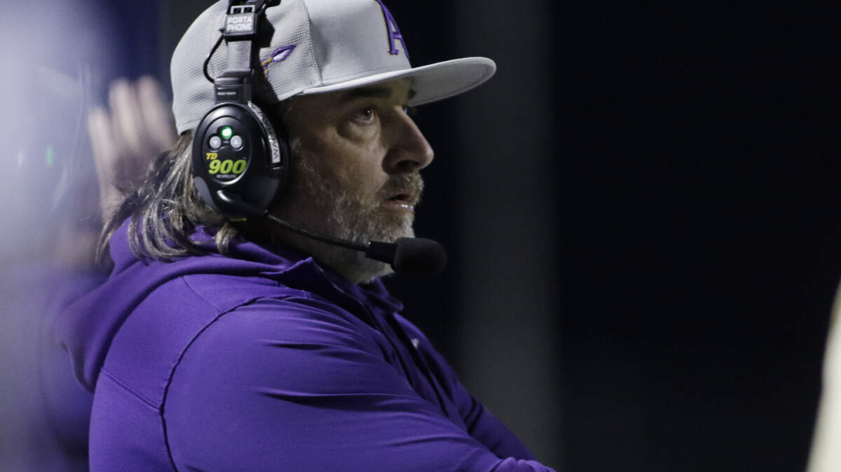 Alvarado’s Head Coach Casey Walraven watches him and the team during their Class 4A Division I quarter-final game against Celina at Newsom Stadium on Friday, December 5, 2025, in Mansfield, Texas.