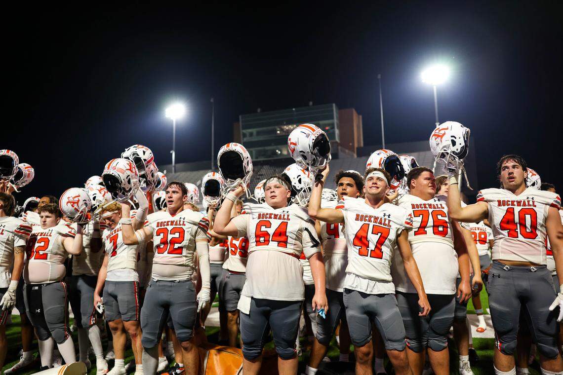 Rockwall players participate in their alma mater following a 37-35 win over North Crowley in a non-district game between North Crowley and Rockwall at Crowley ISD Stadium in Crowley, Texas on Sept. 18, 2025.