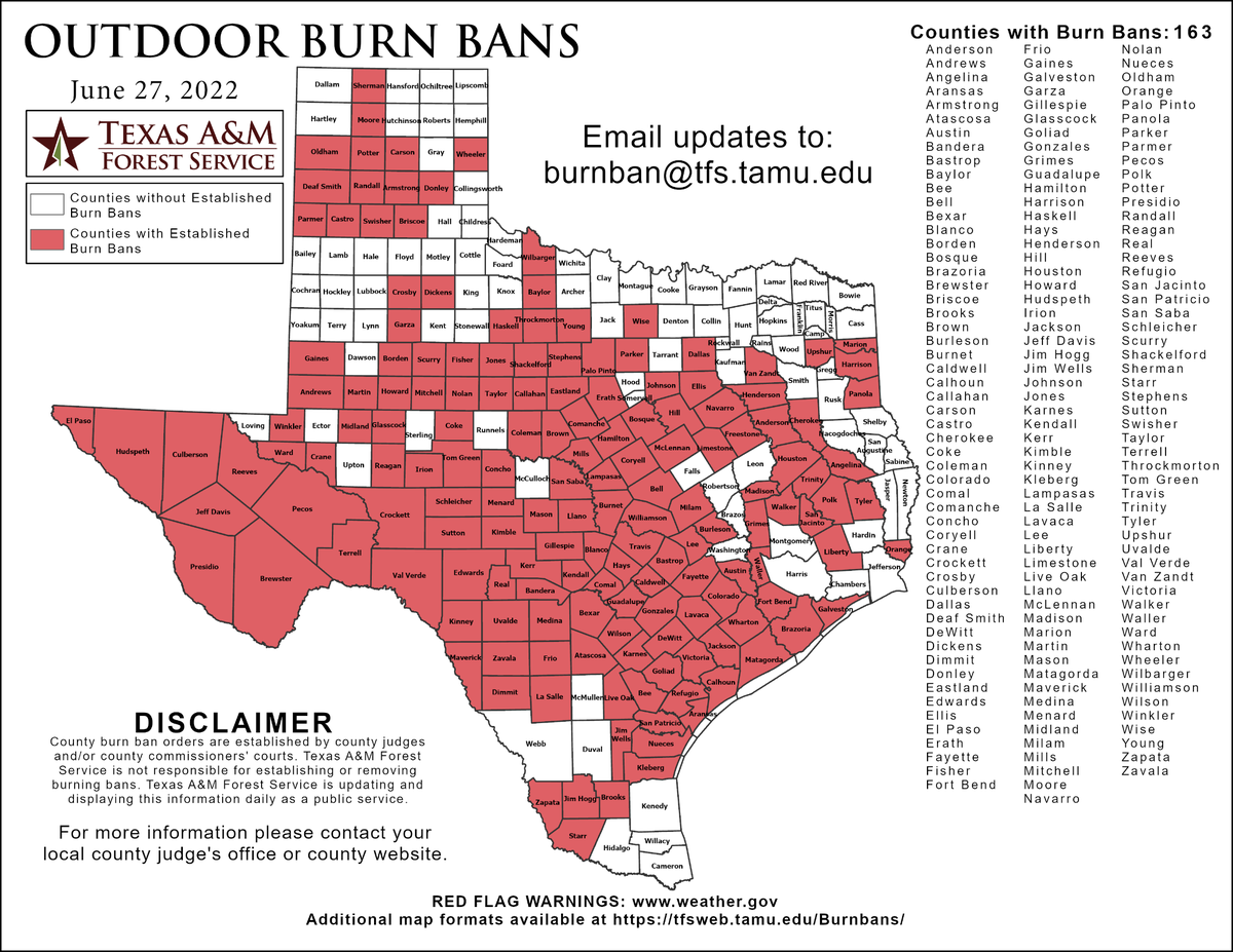 Texas outdoor burn bans as of June 27, 2022.