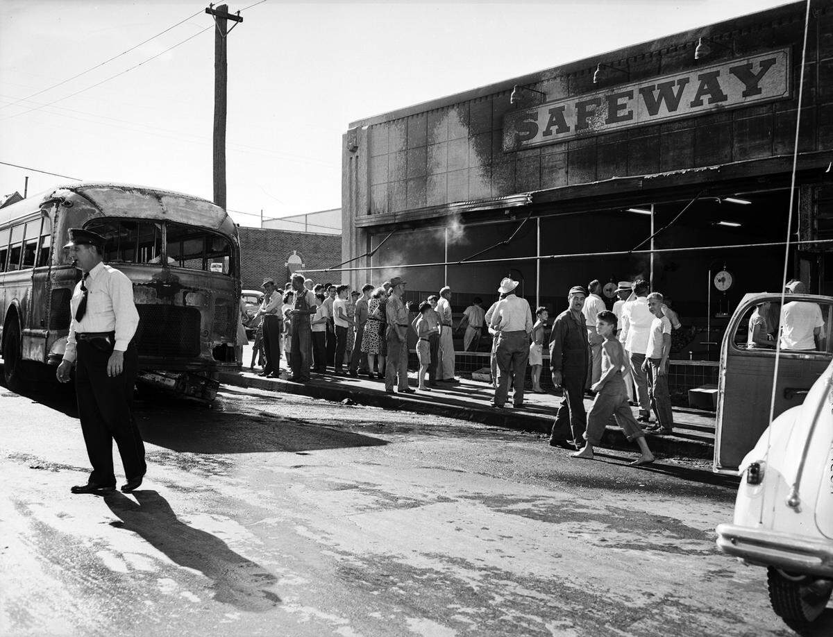 Aug. 15, 1946: A gas tank of a Fort Worth Transit Co. bus caught fire and damaged the Safeway Store No. 325 at 2916 E. Rosedale St. No one was injured in the freak blaze; Grant Geddes, manager of Fort Worth Safeway stores, estimated damage at $1,500. (The building at Rosedale and Binkley Street has most recently been used as a small church.)