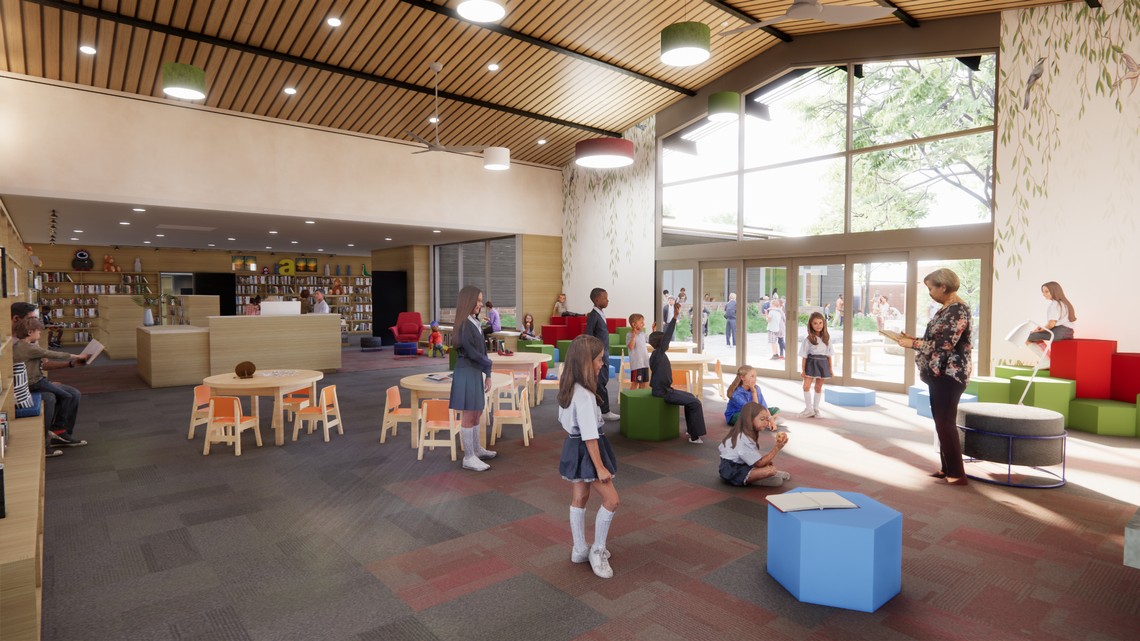 A rendering shows the future library at Fort Worth Country Day’s new lower school for first- through fourth-graders.