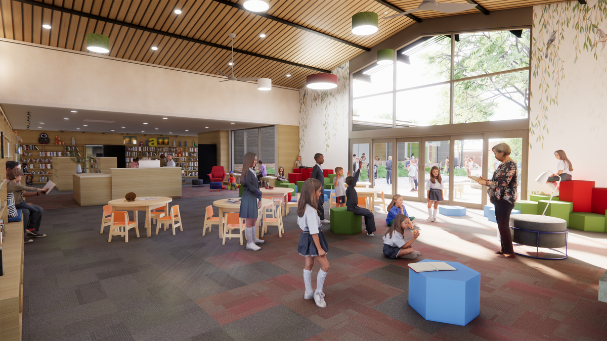 A rendering shows the future library at Fort Worth Country Day’s new lower school for first- through fourth-graders.
